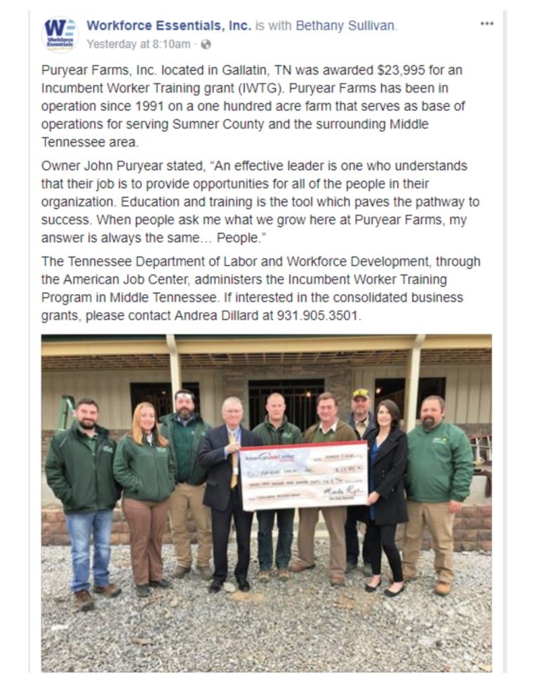 Puryear Farms awarded Incumbent Worker Training grant Forward Sumner